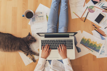 Eine Person sitzt auf dem Boden mit einem Laptop auf dem Schoß und einer Katze an der Seite.