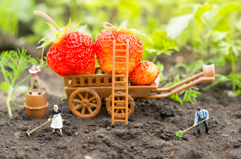 Miniaturfiguren betreiben Landwirtschaft.