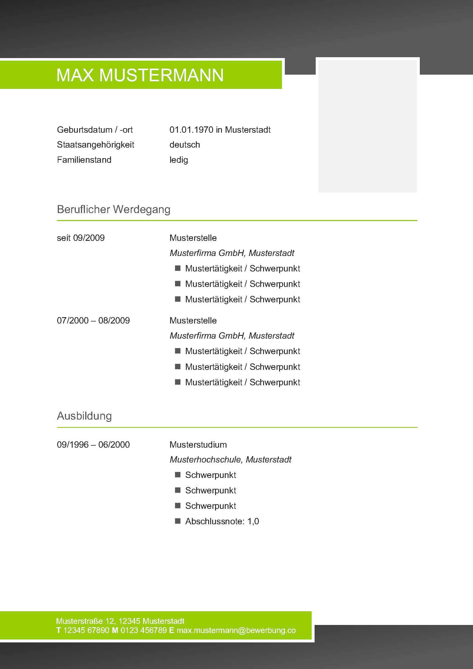 Lebenlauf Vorlage "modern – grün, grau" – Bewerbungen.de