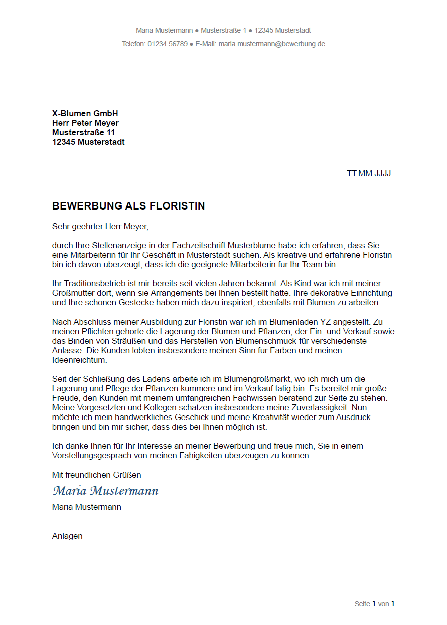 Bewerbung Als Floristin Professionelle Musterbewerbung Bewerbung Als Floristin Professionelle Musterbewerbung