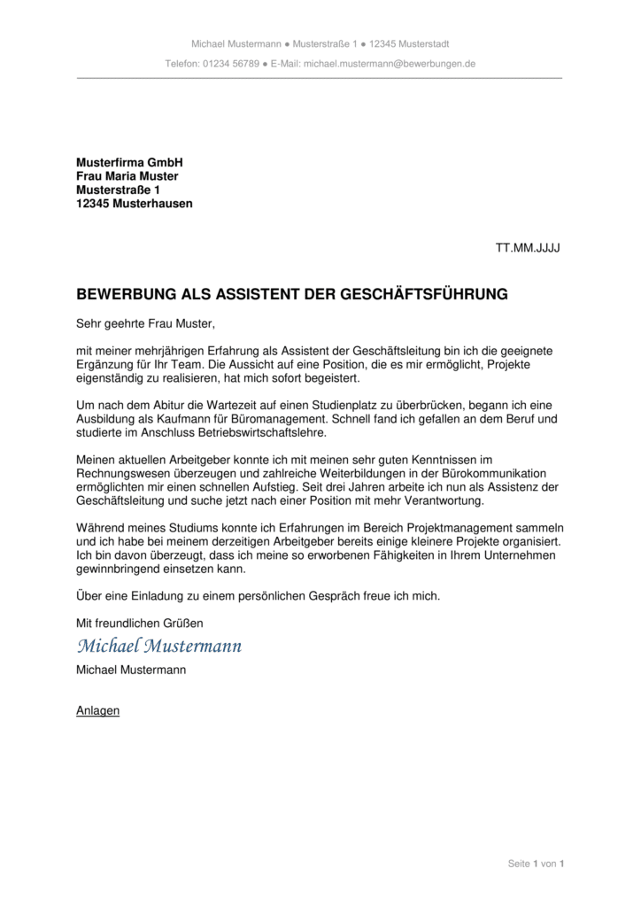 Bewerbung als Assistenz der Geschäftsführung Bewerbungen.de