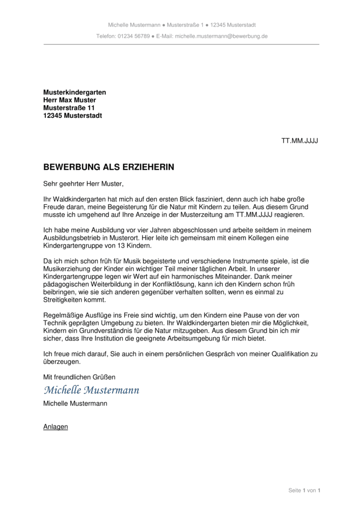 Bewerbung als ErzieherIn – Anschreiben – Bewerbungen.de