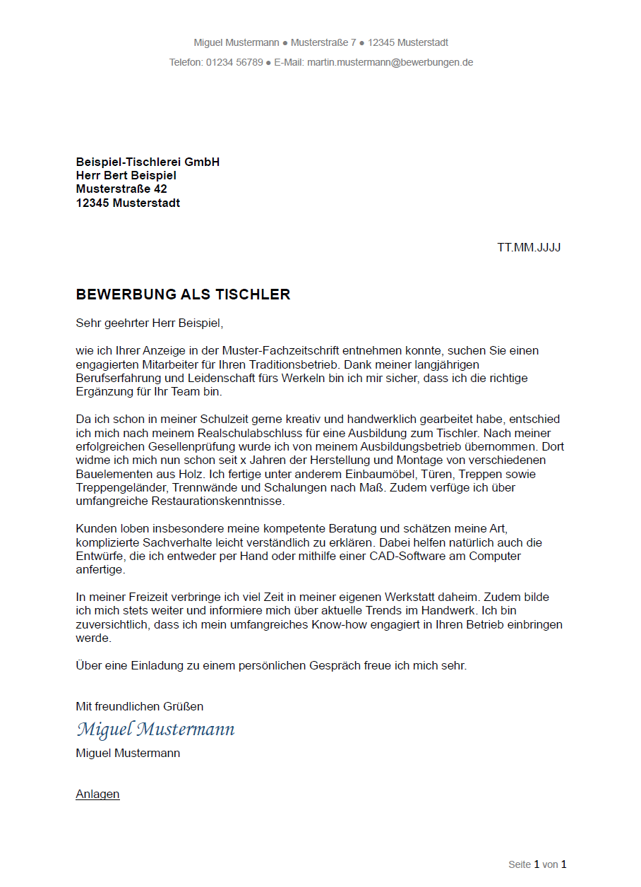 Bewerbung als Tischler – Bewerbungen.de