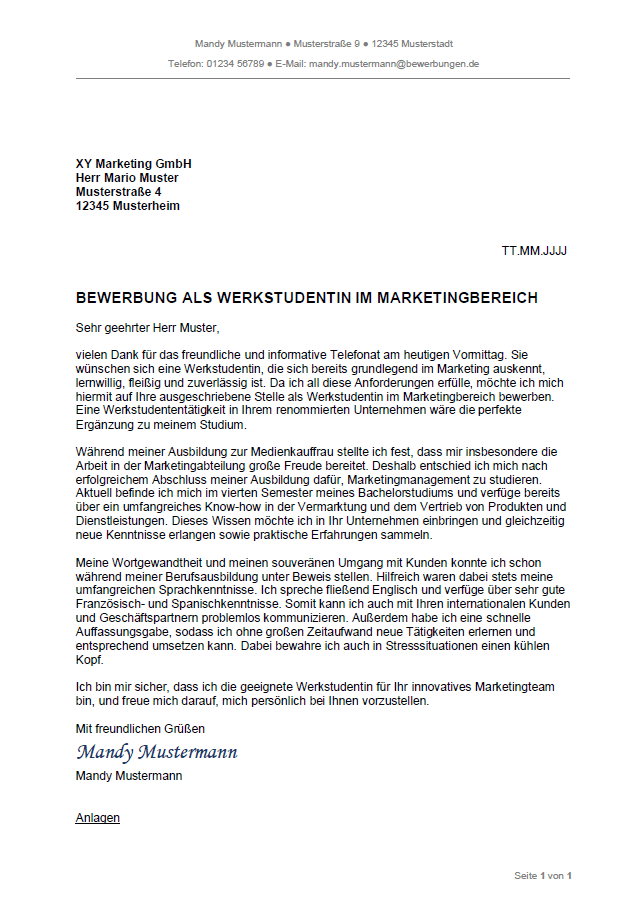 Bewerbung als Werkstudent/in Bewerbungen.de