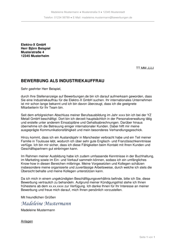 Bewerbung als Industriekaufmann/-frau