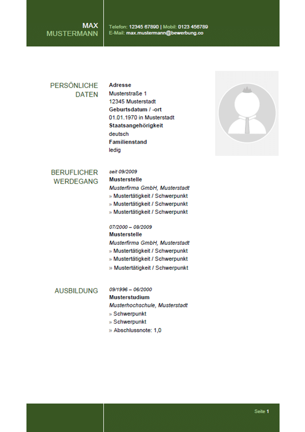 Lebenslauf Vorlage "professionell - Layout modern, grün"