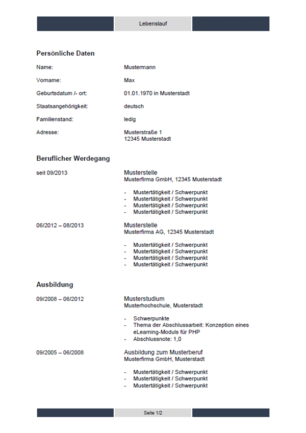 Lebenslauf Vorlage "Layout - tabellarisch, dunkelblau"